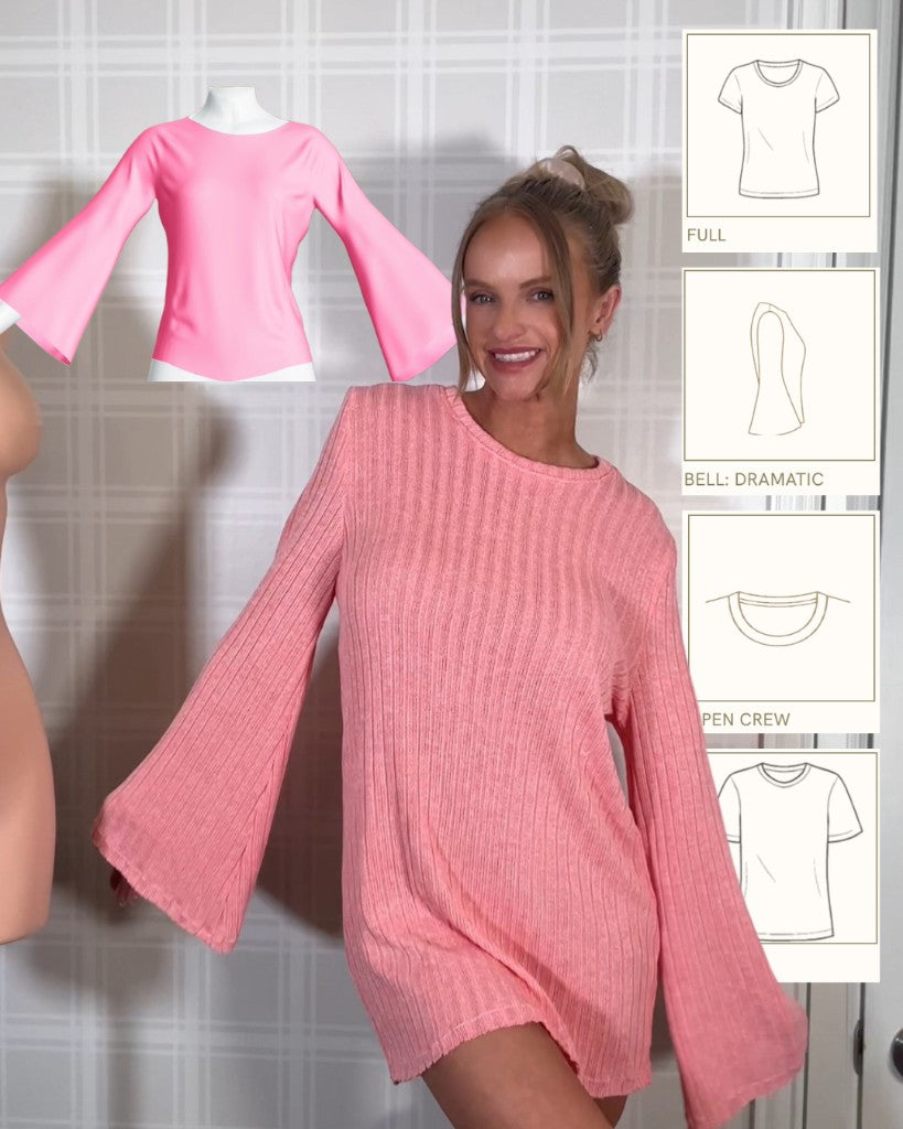 A maker in a custom-fit garment beside the ALTR HOUSE pattern generator style options